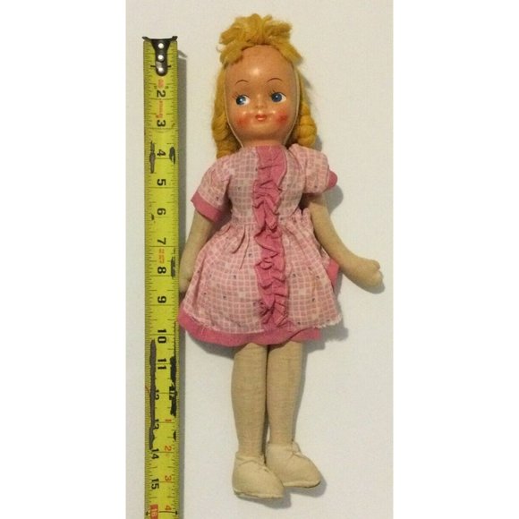 Vintage 17” Cloth Sawdust Doll Celluloid Hand Painted Face Jointed Legs - Picture 3 of 8